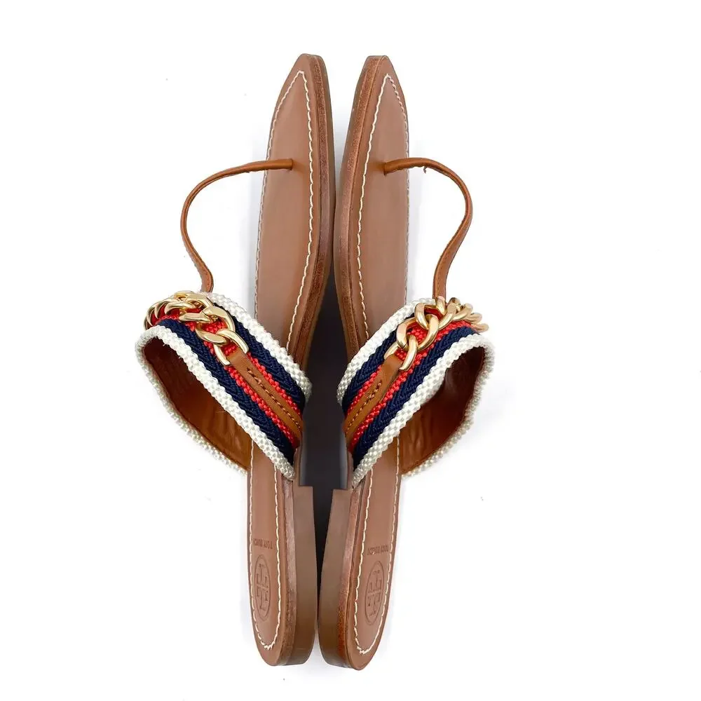 Tory Burch Mini Benton Chain Stripe Sandals Flat Brown Thong Leather Sz 6.5‎